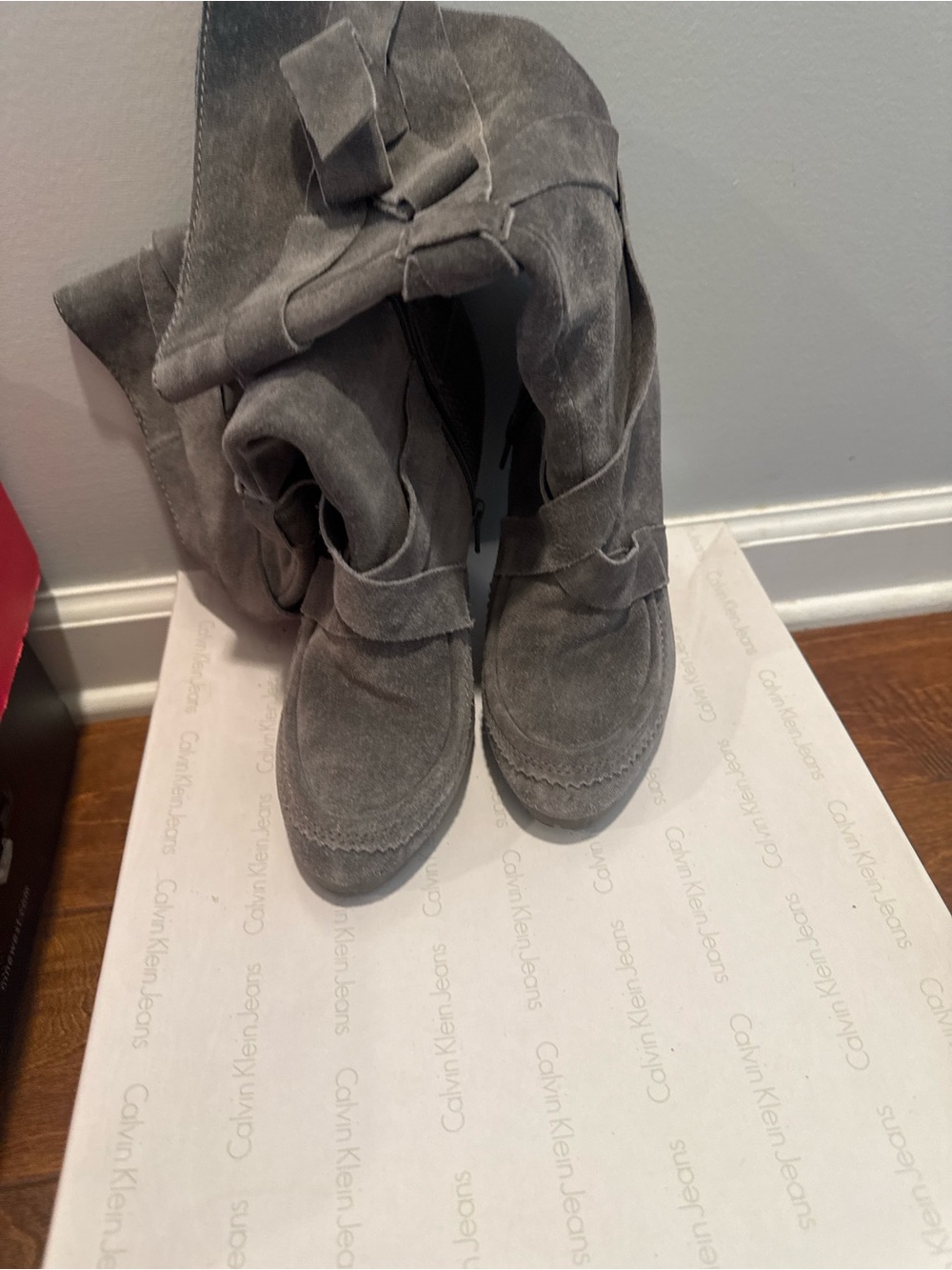 Calvin Klein Gray Suede Mid-Calf Heeled Boots